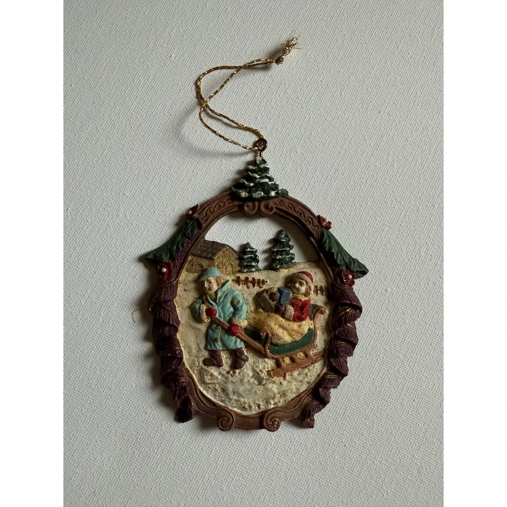 Vintage Ceramic Christmas Ornament Children with Sled Winter Scene 4 Inch